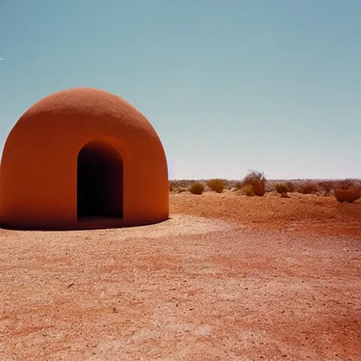 Prompt: a Non-Euclidean orb-like clay building sitting in the desert, vintage photo, beautiful cinematography, blue sky, film grain, extreme wide shot, far away, in the distance, James Turrell