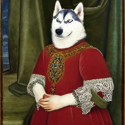 Image similar to a Husky dog sitting wearing a royal suit, renaissance painting, high quality, high detail, portait