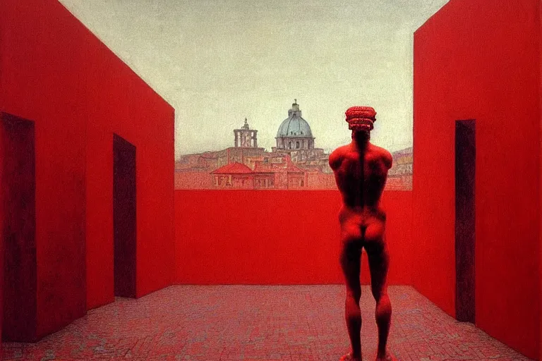 Image similar to only with red, caesar after war, a red tiger, in hoc signo vinces, rome in background, an ancient path, in the style of beksinski, part by hopper, part by rodcenko, part by hofbauer, intricate composition, red by caravaggio, insanely quality, highly detailed, masterpiece, red light, artstation