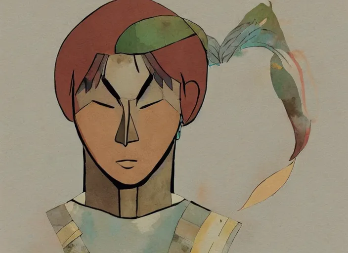 Prompt: naturalistic portrait of a warrior, representational earth tones, stunning clarity experimental cut paper mixed media blotchy character shape design by masaaki yuasa, pleasing palette watercolor masterpiece