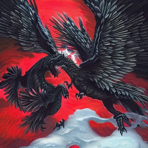 Image similar to a black eagle with red eyes and an ethereal white dragon fighting each other over a spruce tree forest