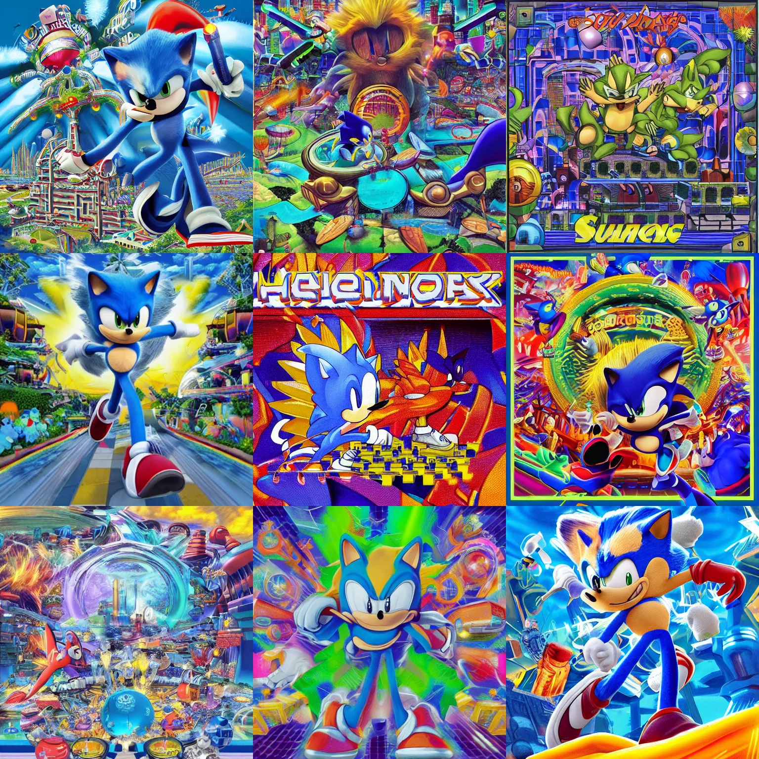 Prompt: sonic the hedgehog in a surreal, soft, shaded, professional, high quality airbrush art mgmt shpongle album cover of a chrome dissolving LSD DMT blue sonic the hedgehog falling through a vaporwave sci-fi city, checkerboard horizon, rings, 1990s 1992 Sega Genesis video game album cover