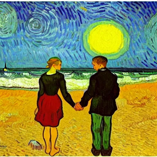 Prompt: Patrick and Konstancja standing on the beach holding hands and watching the sunset, oil painting by Vincent van Gogh,