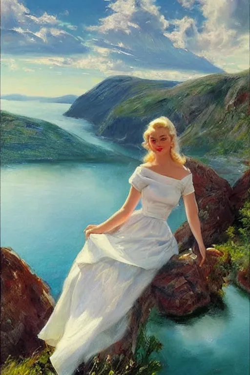 Image similar to 1950s beautiful!!! blonde looking over a Norwegian fjord, aesthetic!!! painting by Vladimir Volegov