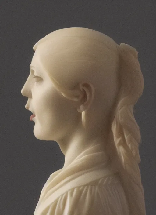 Prompt: a woman's face in profile, made of exquisitely carved ivory, in the style of the Dutch masters and Gregory Crewdson, dark and moody