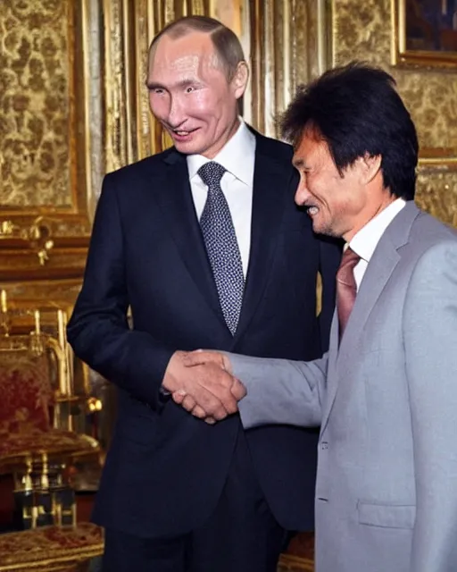 Prompt: sixty years old viktor tsoi with joyful look in a business suit shaking hands with vladimir putin, in kremlin, color photo, mid shot photo, digital photo, high resolution