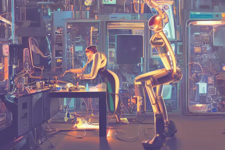 Prompt: closeup of pretty girl working in a small robot repair shop, broken android laying on the ground, chrome reflections, computer screens, scifi vending machine, surreal illustration by moebius , Ilya Kuvshinov, dynamic lighting, glowing lights, neons, science fiction