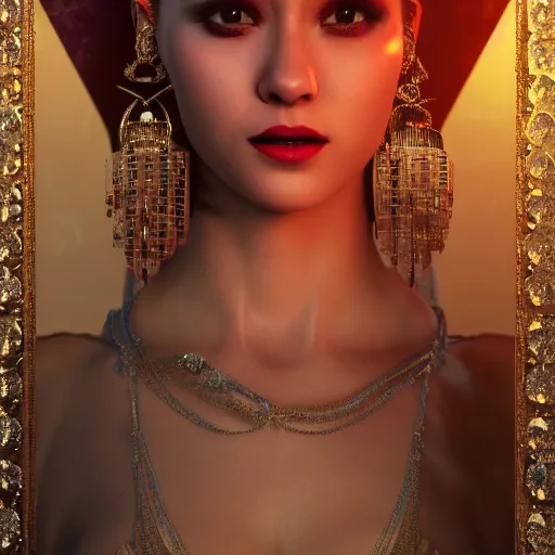 Image similar to portrait of wonderful princess of diamonds with fair skin, ornate 8 k gorgeous intricate detailed, red accent lighting, dramatic cinematic light, award winning photography, octane render