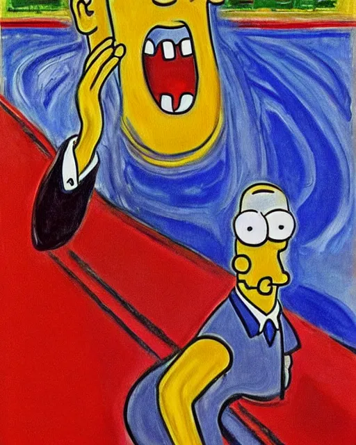 Image similar to a painting of homer simpson in the scream by edvard munch
