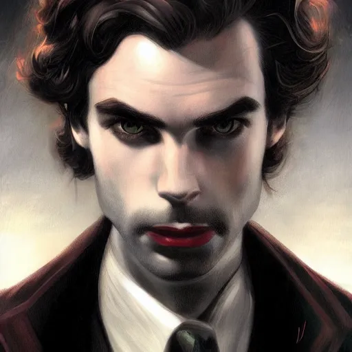 Image similar to portrait of mysterious handsome noir spacetime detective by Dante Gabriel Rossetti and Edward Moran and Charlie Bowater, magical realism, cgsociety, artstation