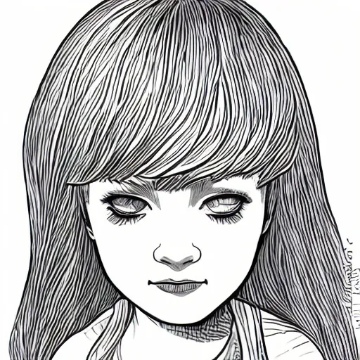 Prompt: clean simple line art of a little girl with short wavy curly light brown hair and blue eyes, reading a book. no background. well composed, clean, black and white, beautiful detailed face line art by ilya kuvshinov and steve ditko