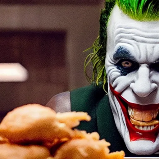 Prompt: cinematic shot of the joker sitting at a table in a popeyes restaurant and biting into a chicken tender, 8 k, very detailed, very intricate,