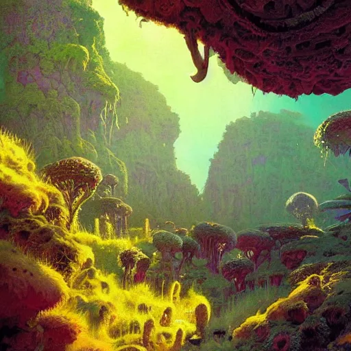 Image similar to illustration of a lush natural scene on an alien planet by paul lehr. extremely detailed. beautiful landscape. weird vegetation. cliffs and water.