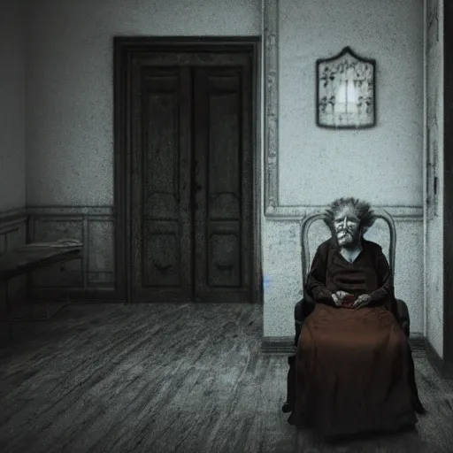 Prompt: a highly detailed photographic render of a creepy old woman in a dark room, haunted living room, horror, bloody, ghost, creepy, cinematic lighting, cinematic scene, Volumetric lighting, Atmospheric scene, Dark, Horror, Atmospheric lighting, Global illumination cinematic render, film, beautifully lit, ray traced, octane 3D render, octane render, unreal engine