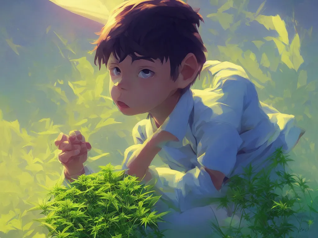 Prompt: kid with green ultramarine nefrit flowers of marijuana hemp cannabis, behance hd by jesper ejsing, by rhads, makoto shinkai and lois van baarle, ilya kuvshinov, rossdraws global illumination, golden ratio, symmetrical beauty face