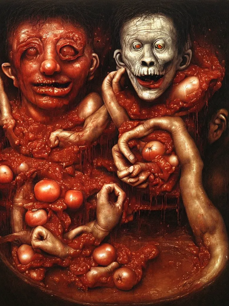 Image similar to a boy like eraserhead and elephant man sitting in a tub full of tomato sauce, looking straight into camera, screaming in desperation, by giuseppe arcimboldo and ambrosius benson, renaissance, fruit, intricate and intense oil paint, a touch of beksinski and hr giger and edward munch, realistic