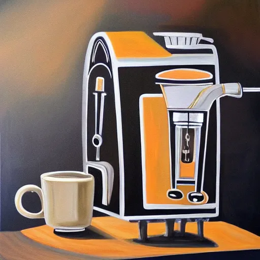 Prompt: a painting of demon espresso machine that makes coffee from human souls