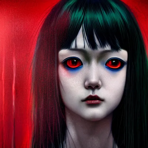 Image similar to look at me by junji ito, green red black blue eyes and long black hair by junji ito, painted by junji ito, rtx reflections, octane render 1 2 8 k, extreme high intricate details by wlop, digital anime art by ross tran, wide shot, composition by tom bagshaw, lighting by wlop