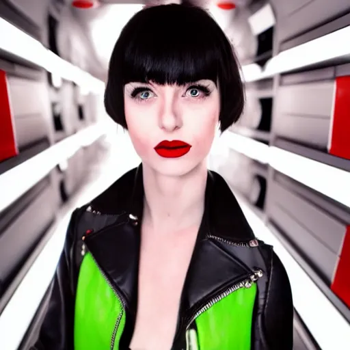 Image similar to Android girl, very pale skin, red lipstick, green eyes, jet black hair, cherry-red jacket, black leather pants, boots, hair over one eye, futuristic capsule hotel