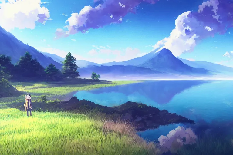 Image similar to Anime painting of a lake and mountain landscape, relaxed, calm, atmospheric, peacefull, trending on artstation, kimi no na wa