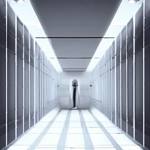 Image similar to futuristic torture room, white, scary, horror,