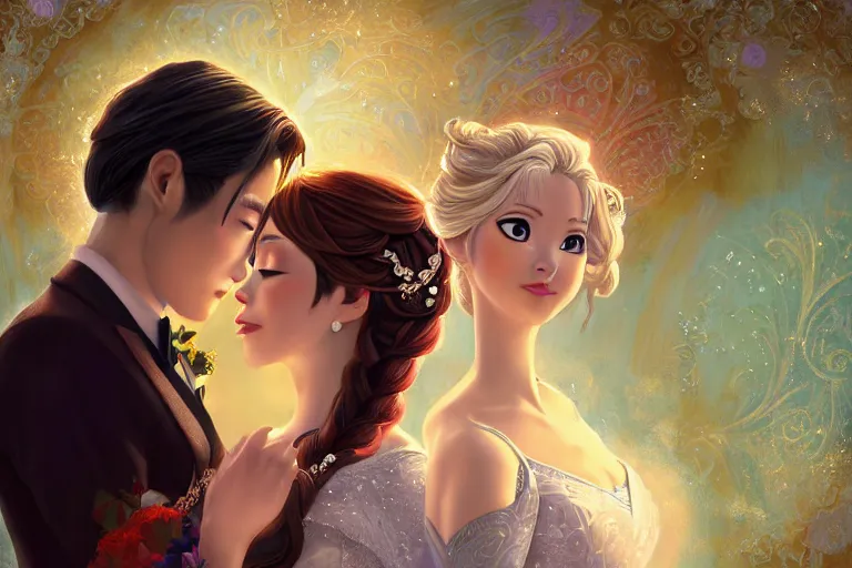 Image similar to a cinematic portrait of wedding photograph jpeg close up moment of a divine a japan sun god and moon goddess lovers magician at a wedding banquet. portraiture. digital painting. artstation. concept art. wedding photo. digital painting. frozen ii art masterpiece by art by krenz cushart