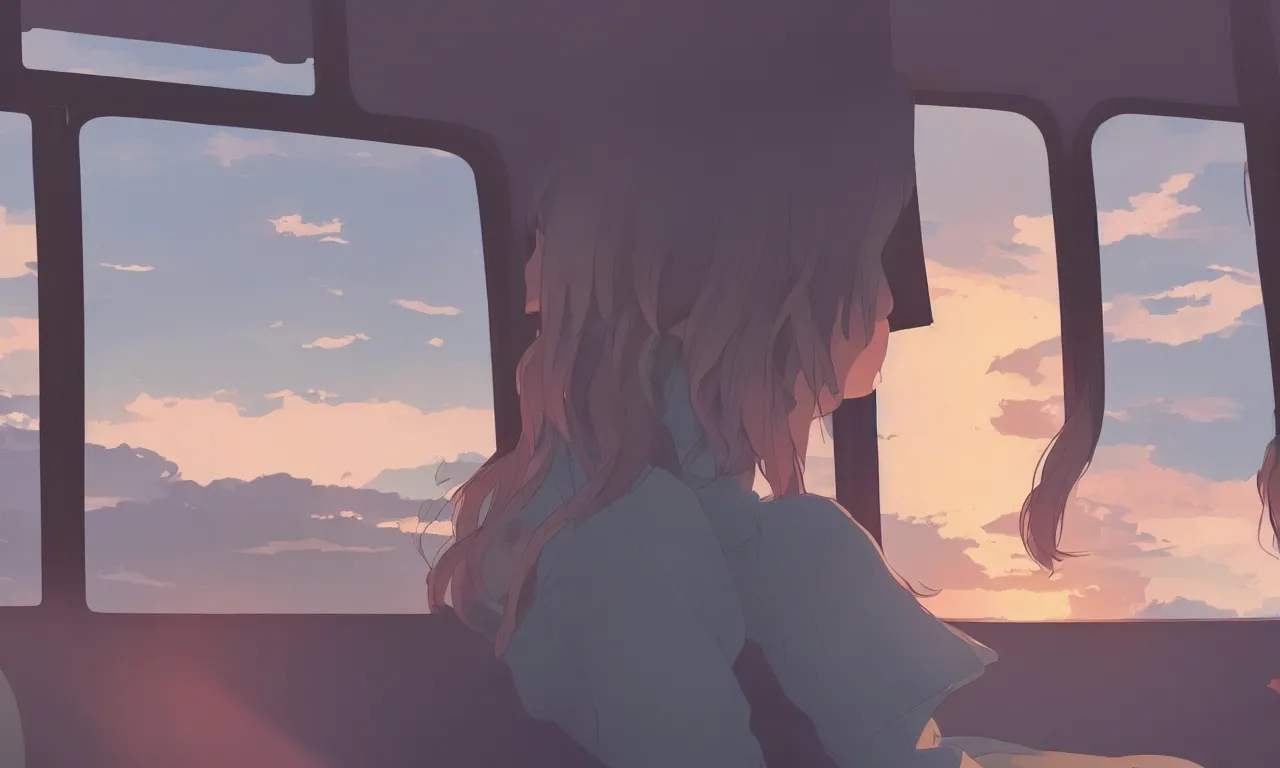 Image similar to Girl sitting in a window seat in a bus at sunset, cinematic lighting, style by Makoto Shinkai