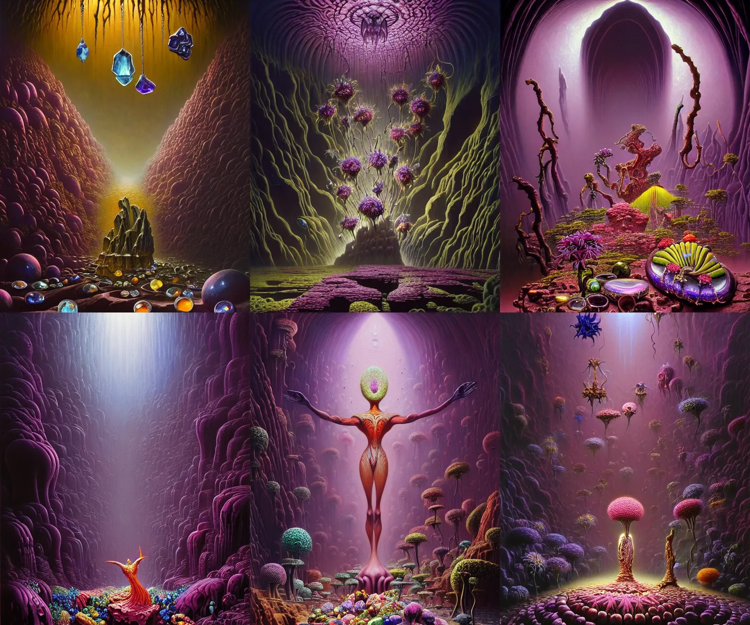 Prompt: a cinematic masterpiece still life painting of majestic gothic flowers in a cave of gemstones, by Alex Grey, by Wayne Barlowe, by Tim Hildebrandt, by Bruce Pennington, by Zdzisław Beksiński, by Paul Lehr, oil on canvas, masterpiece, trending on artstation, featured on pixiv, cinematic composition, dramatic exotic flora, beautiful lighting, sharp, details, details, details, hyper-detailed, no frames, HD, HDR, 4K, 8K