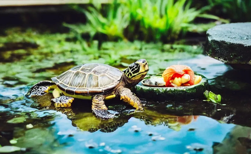 Prompt: a photo of a wild turtle 🐢 in their pond eating a dish of sushi 🍣