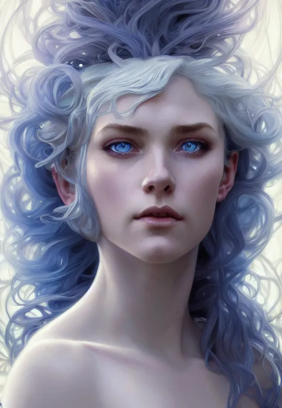 Image similar to portrait of fairy woman, d & d, blue eyes, white hair, face, fantasy, intricate, elegant, highly detailed, digital painting, artstation, concept art, smooth, 8 k, sharp focus, illustration, art by artgerm and greg rutkowski and alphonse mucha