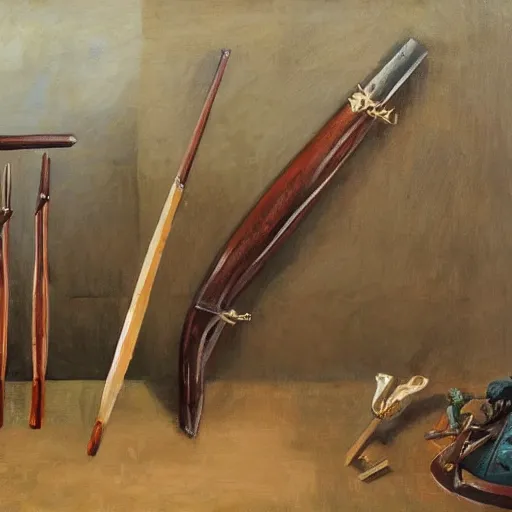 Image similar to painting of a bow on a weapons rack