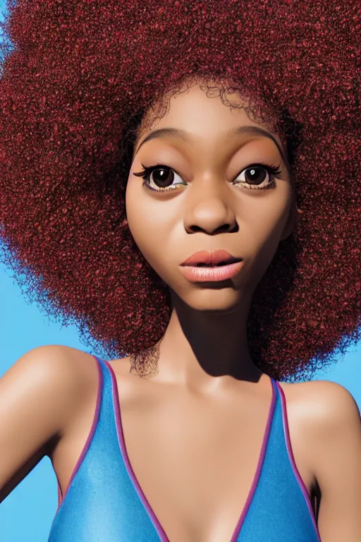 Image similar to a centered caricature render of a cute cool afro disco girl from the seventies, by dreamworks, by pixar, by viktoria gavrilenko, by leticia gillett, by lois van baarle, perfect face, 3 d, 8 k