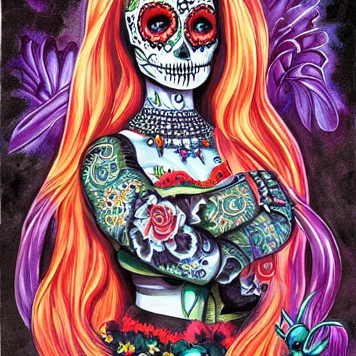 Image similar to illustration of a sugar skull day of the dead girl, art by julie bell