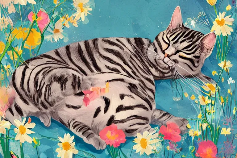 Prompt: a digital art of an american shorthair sleeping in the room with flowers around in the afternoon, the sun shines in, animal, light effect, highly detailed, by anton fadeev