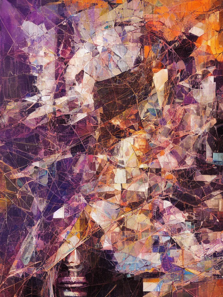 Prompt: a beautiful glitched abstract geometric painting by robert proch and robert heindel of an anatomy study of the human nervous system, color bleeding, pixel sorting, copper oxide and rust materials, brushstrokes by jeremy mann, cold top lighting, pastel purple background