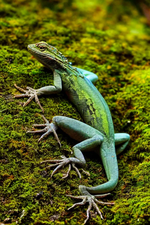 Image similar to a macro photo of a lizard on a moss covered rock, shiny scales, moss and vegetation, ancient forest, close - up, intricate details, intricately detailed textures, warm lighting, vivid colors, smoke and mist, hyper realistic octane render, volumetric shading, depth of field, raytracing, 8 k,