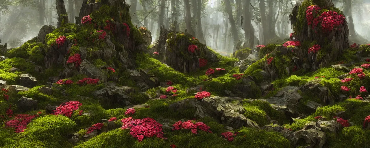 Prompt: sculpture made of flowers and moss, beautiful dynamic lighting, cinematic, wide angle establishing shot, extremely high detail, photo realistic, cinematic lighting, post processed, concept art, artstation, matte painting, style by frederic church, raphael lacoste, unreal engine 8k