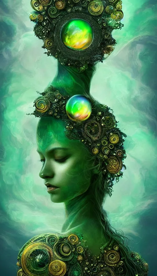 Prompt: portrait of spiritual earth elemental ,intricated, fantasy, gradient green black, dreamy and ethereal, (colour) eyes, one head, golden ratio, peaceful expression, ornate frilly dress, fantasy, intricate, elegant, rainbow bubbles, highly detailed, digital painting, artstation, concept art, smooth,b sharp focus, illustration, art by artgerm and greg rutkowski and alphonse mucha