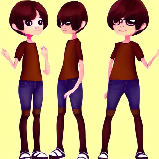 Image similar to 2 d flat animation character design girl kid, handrawn dynamic pose, french bob hair, short hair, brown eyes, realistic, 4 k!!!, art station