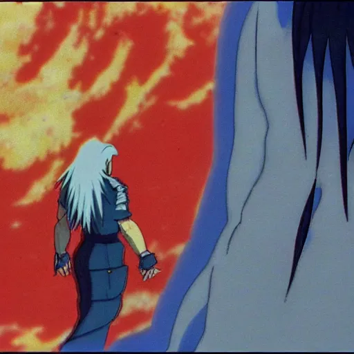 Prompt: still frame of Sephiroth in 1988 anime film Akira by Katsuhiro Otomo, screenshot, color, film print