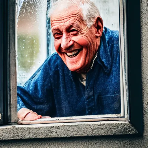 Prompt: a smiling old man seen through a dirty window