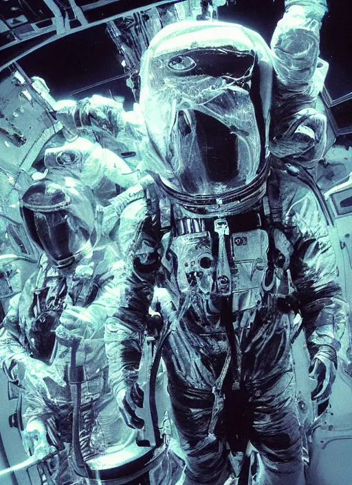 Image similar to astronauts in dark and empty void underwater - complex and hyperdetailed technical suit. reflection and dispersion materials. rays and dispersion of light. volumetric light. 5 0 mm, f / 3 2. noise film photo. flash photography. ultra realistic, wide angle. poster by wayne barlowe, hajime sorayama aaron horkey, craig mullins