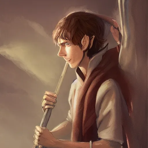 Prompt: An adolescent male half-elf wizard, focus on face, tall, slim, short brown hair, smiling, wizard robes, staff, sharp focus, highly detailed, photograph, cinematic, dynamic lighting, trending on artstation, digital painting, in the style of Chris Ostrowski