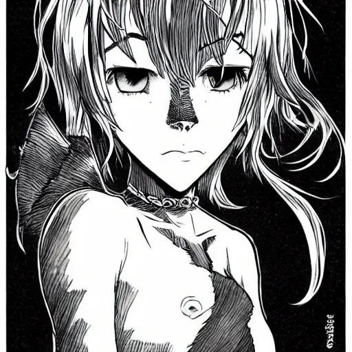 Image similar to a catgirl drawn in the style of Kentaro Miura, dark manga, fantasy, impressive linework,