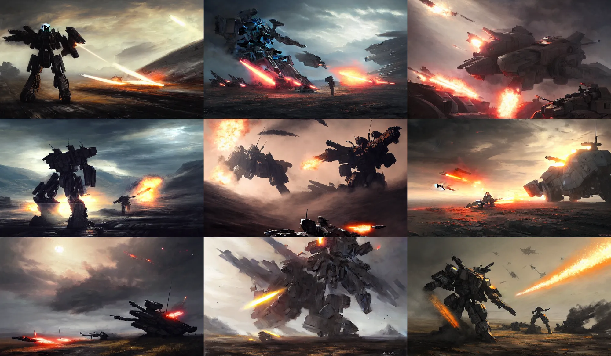 Prompt: an armored core on the ground, booster flares, legs, crossfire, karst landscape, clouds, daylight ; detailed illustrations, pastel tones, deep colors, clear lines, motion blur, by jordan grimme, greg rutkowski