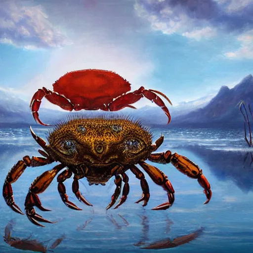 Image similar to crab monster in the lake, matte painting, detailed, elden ring, oil on canvas