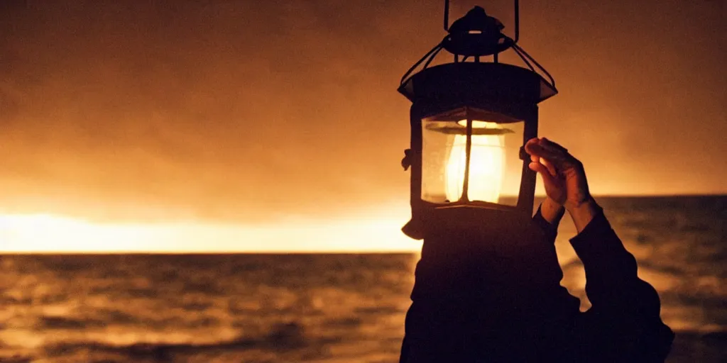 Image similar to film still of closeup old man holding up lantern by his beach hut at night. pirate ship in the ocean by emmanuel lubezki