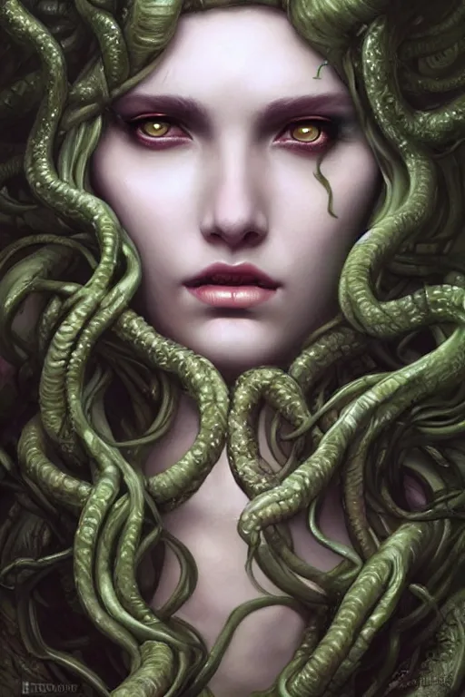 Prompt: a close - up portrait of a hauntingly beautiful medusa, painted by artgerm and tom bagshaw, fantasy art, dramatic lighting, green glows, highly detailed digital art