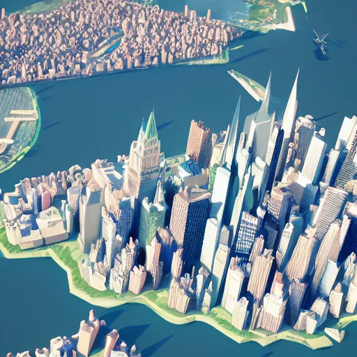 Prompt: low poly art of new york as an island floating in the sky, low poly, isometric art, 3d art, waterfall, high detail, artstation, concept art, behance, ray tracing, smooth, sharp focus, ethereal lighting