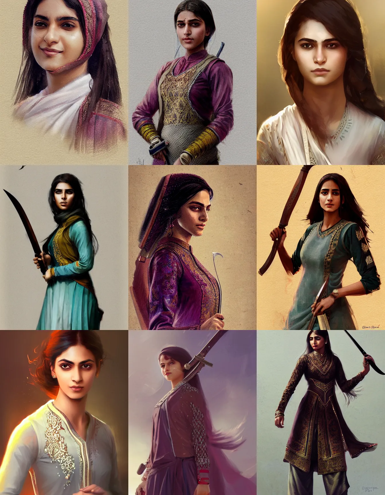 Prompt: young pakistani woman swordswoman, wearing a kurta, elegant, pretty, strong, muscular, smiling, digital portrait by greg rutkowski, intricate, soft focus, highly detailed, cinematic, epic, artstation